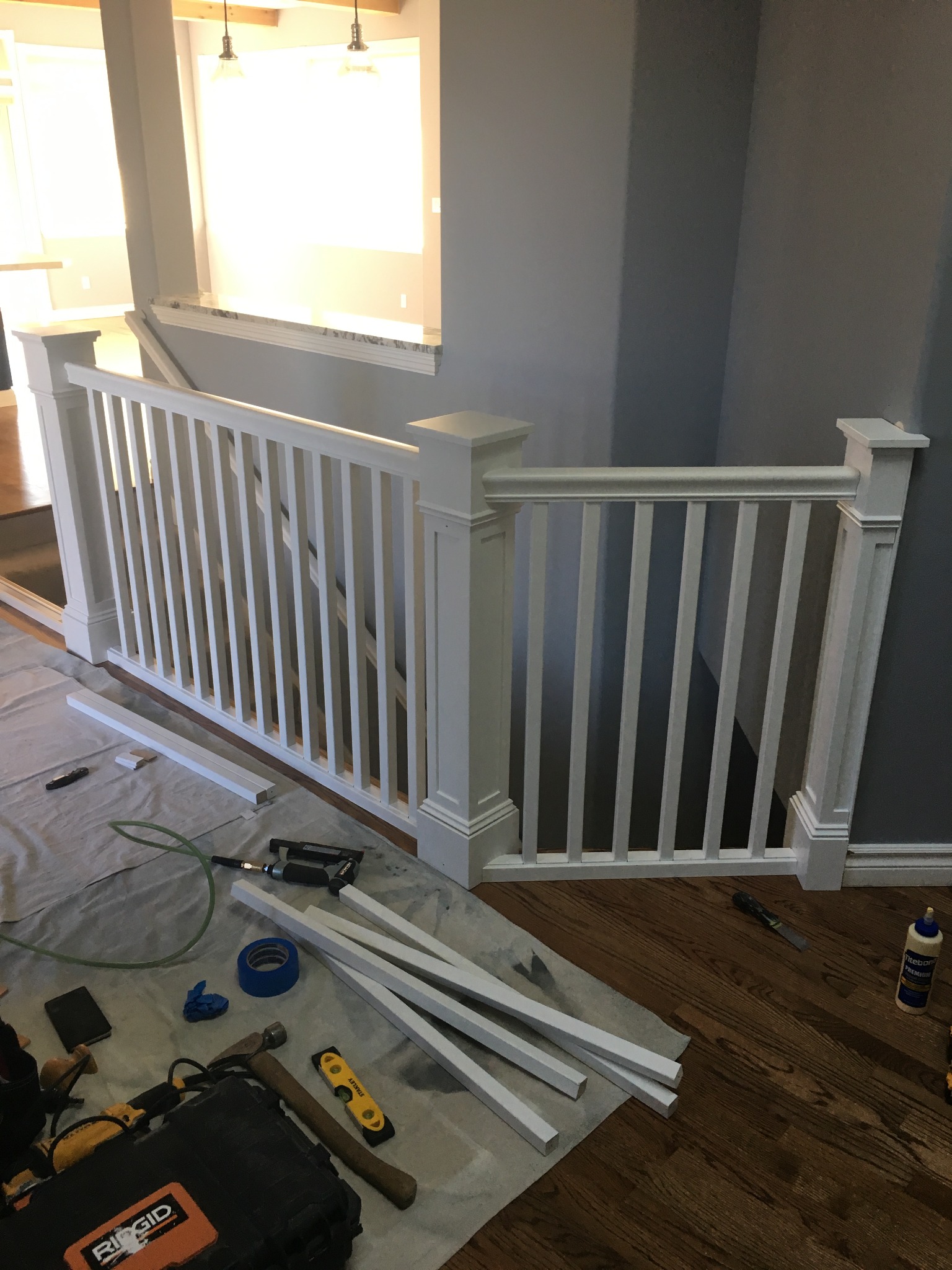 Custom stair railing during installation