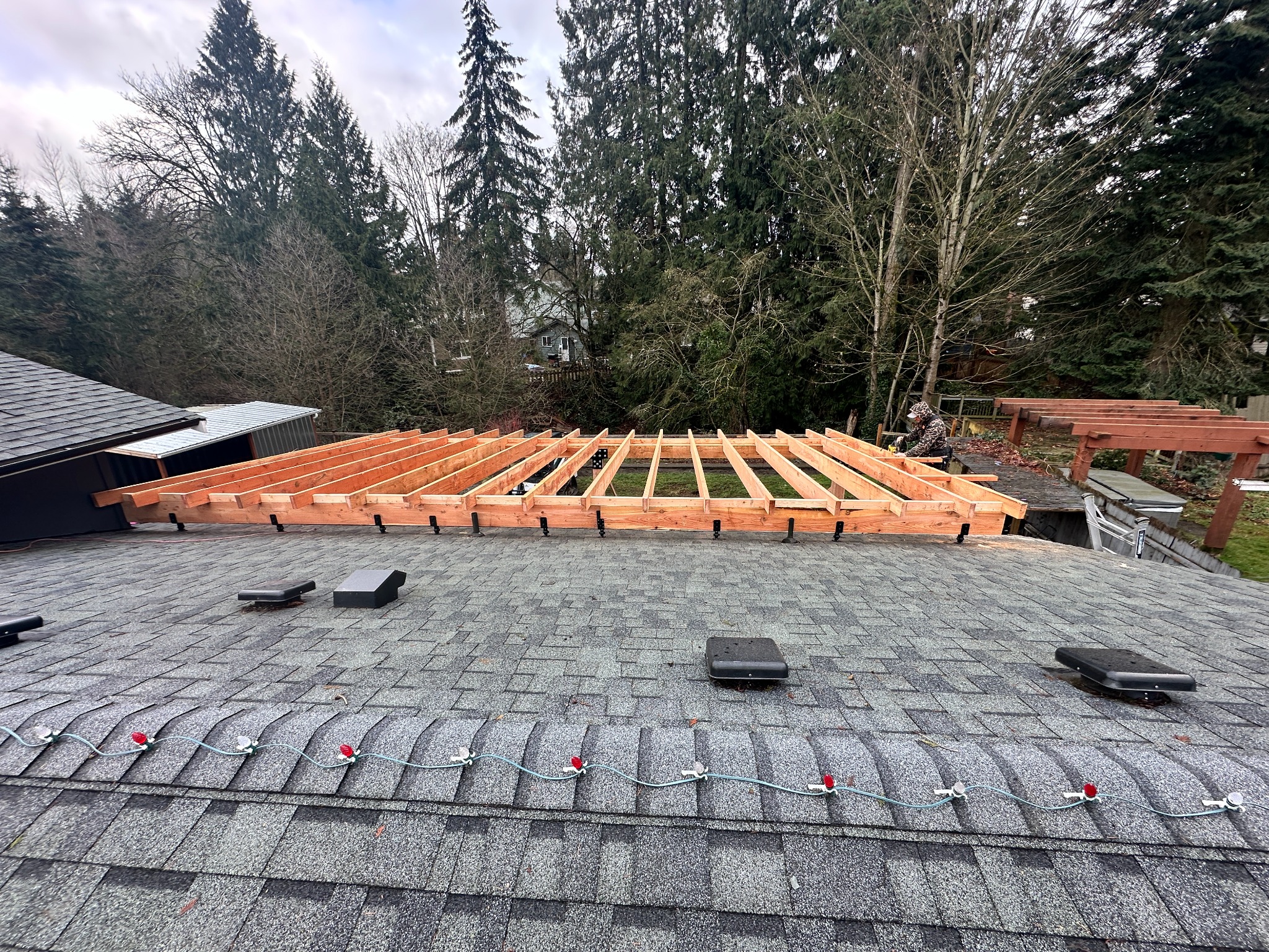 Wide roof-level view of the patio-cover rafters during construction