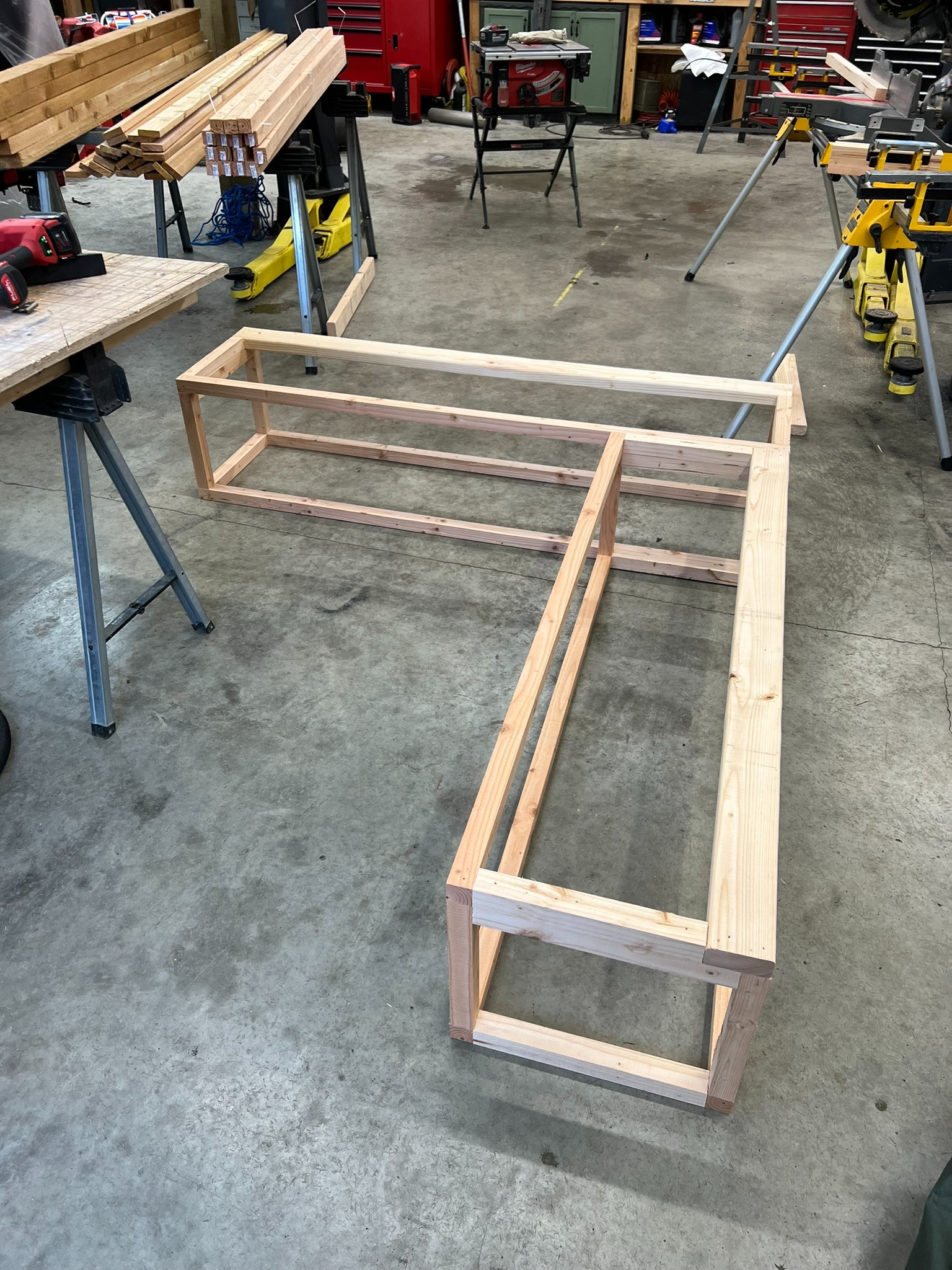 L-shaped bench frame under construction in the workshop