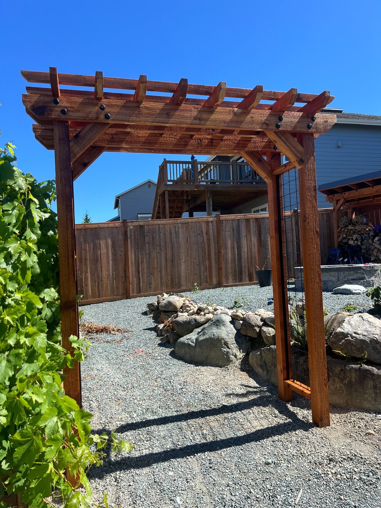 Front view through the completed garden arbor